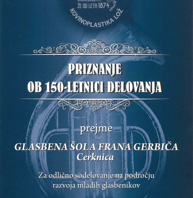Priznanje ob 150-letnici delovanja Pihalnega orkestra Kovinoplastika Lož